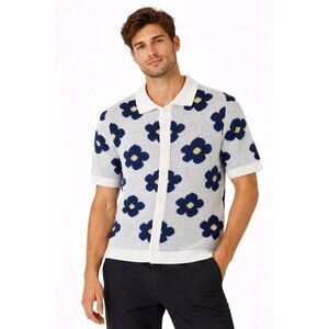 Luxury Crochet Knit Cardigan White Blue Floral Short Sleeve 70's Retro Men's M